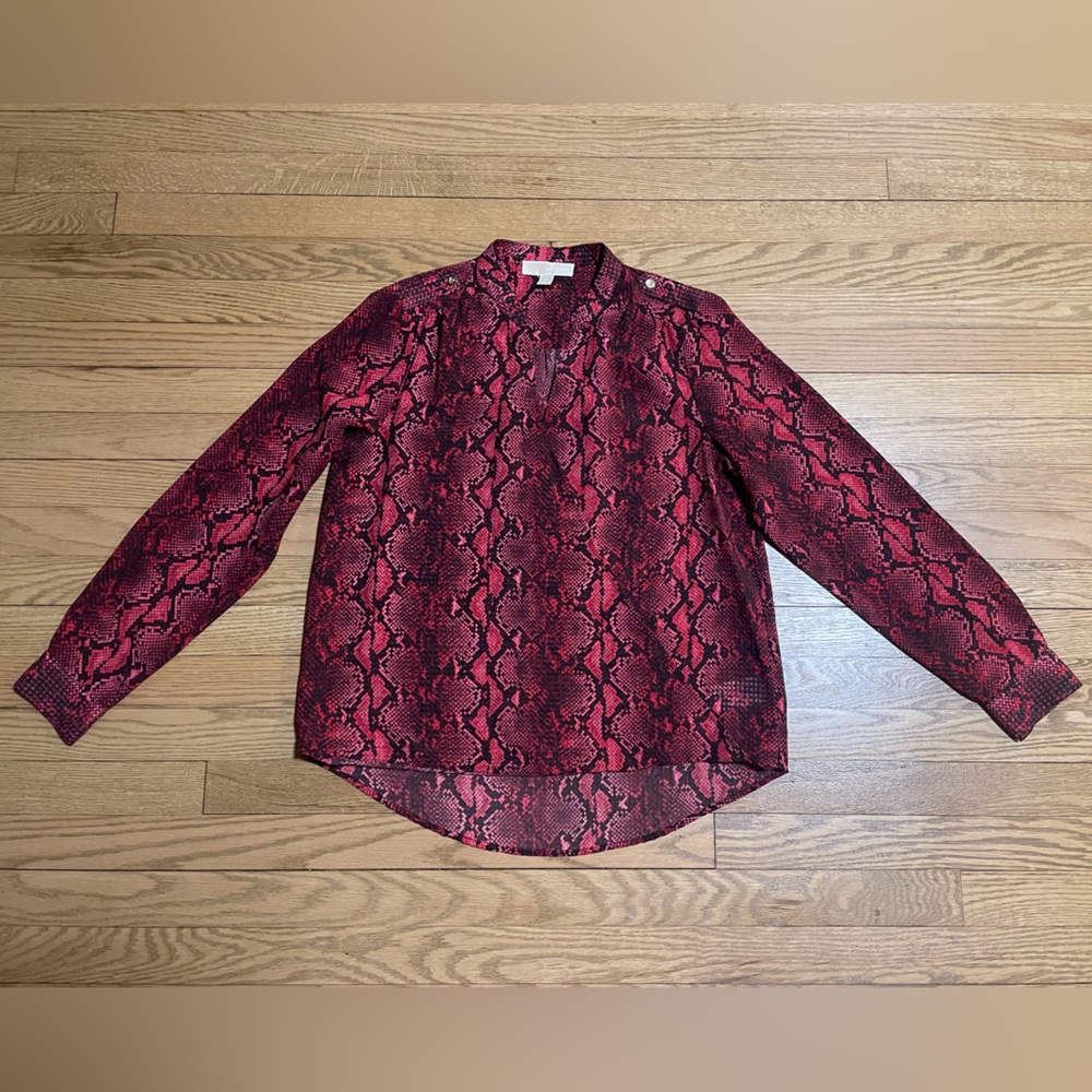 MICHAEL KORS Top Red Pink Snakeskin Print Wrap Blouse